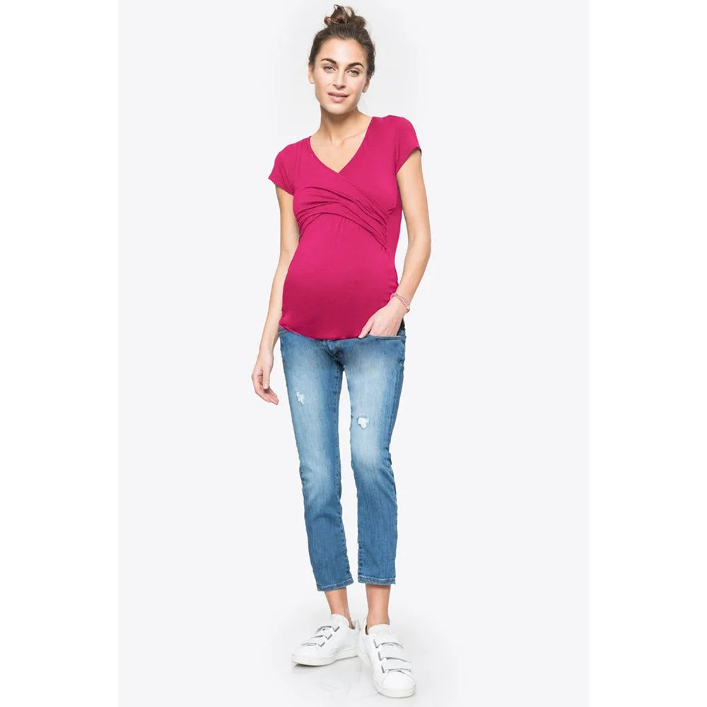 V-Neck Short Sleeve Breastfeeding Top with Side Openings